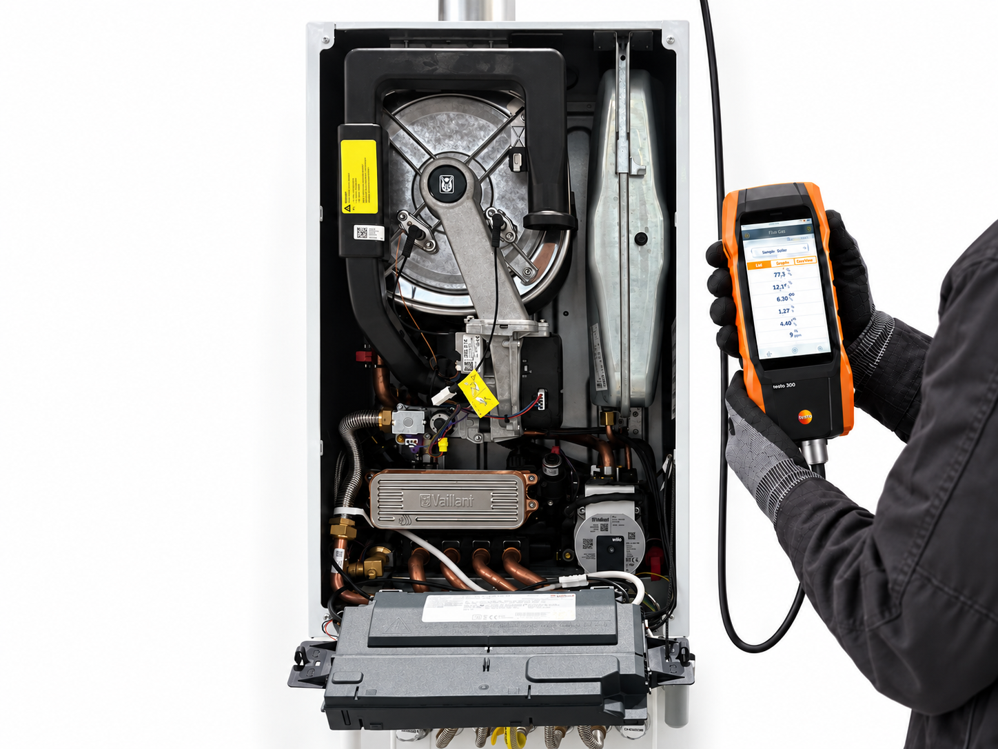 Serwisant z analizatorem Testo 300 po prawej stronie kotła Vaillant